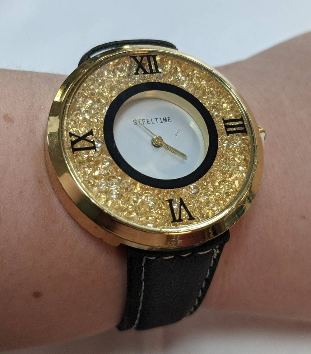 Steeltime Wrist Watch Black Faux Leather Loose Crystal Window Dial Roman Numeral